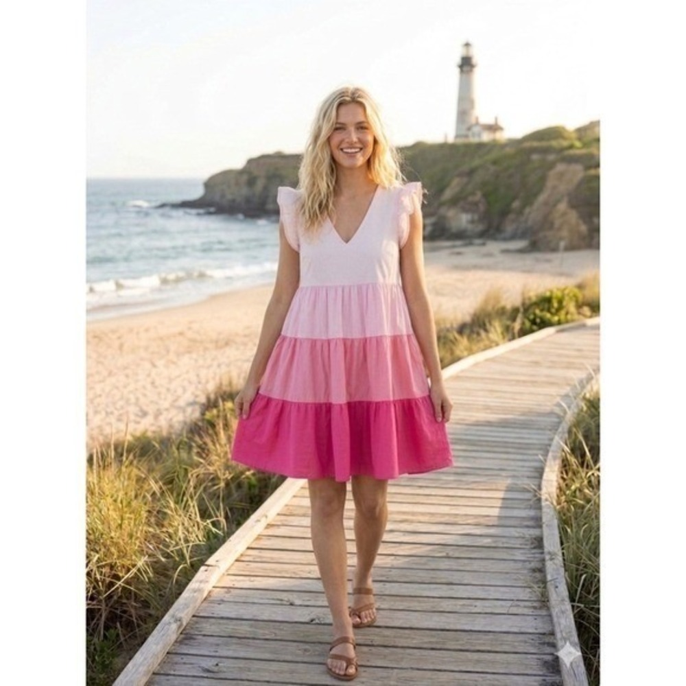 Anthropologie THML Pink Ombre Ruffle Tiered Babydoll Dress Size M Barbiecore